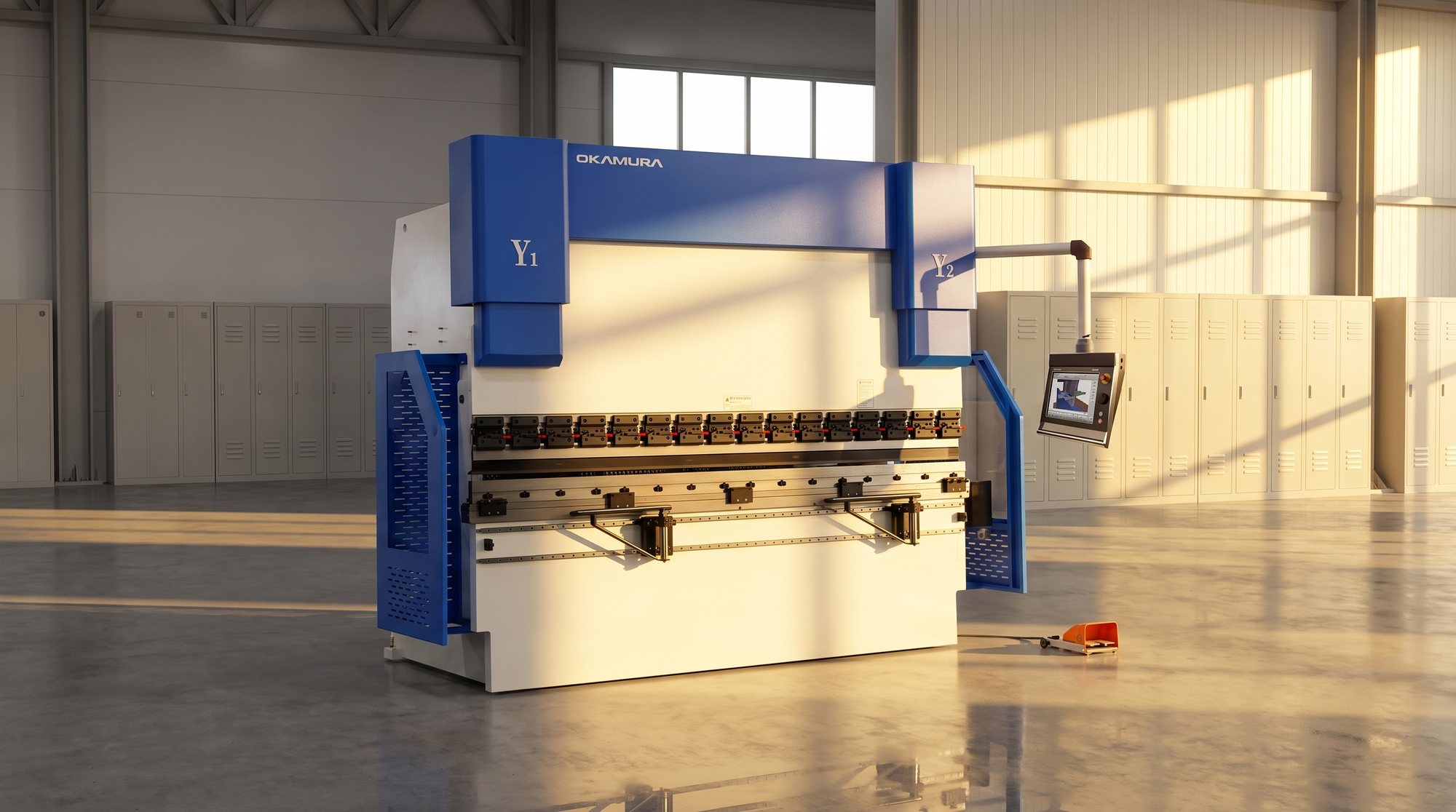 Dobradeira hidráulica CNC Okamura WAD 170T-3200 instalada em galpão industrial